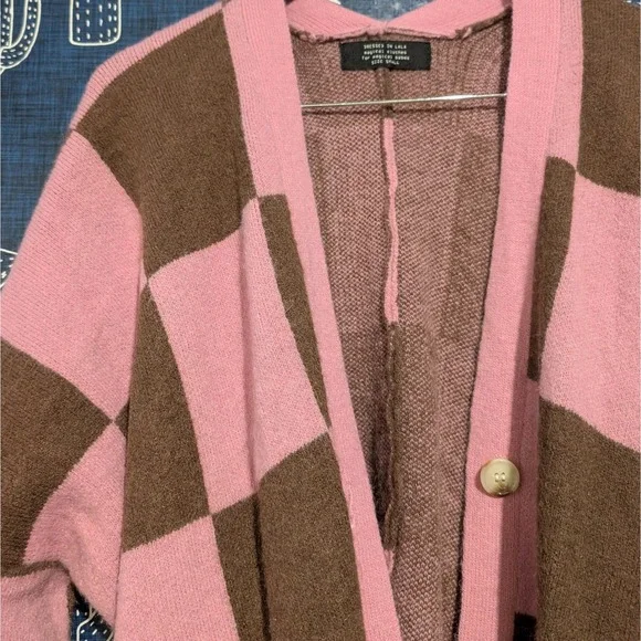Dressed in Lala Oversized Checkboard Cardigan Sweater Brown Pink Women's Size S - Picture 5 of 9